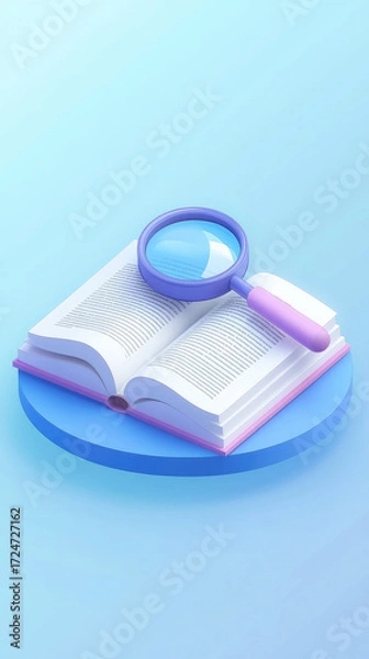 Fototapeta Creative abstract business background featuring book with magnifying glass for World Book Day technology education concept. Modern 3D illustration design for digital marketing materials and poster bac