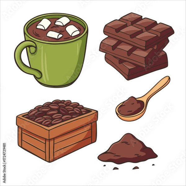 Fototapeta Cartoon illustration set with cocoa and chocolate ingredients. Includes cup of hot chocolate with marshmallows, a box with cocoa beans, cocoa powder. Perfect for food design, packaging, cafe menu 