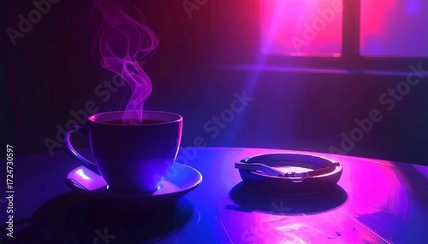 Obraz Steaming Coffee Cup and Ashtray Under Vibrant Neon Lighting