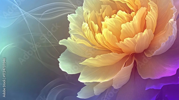 Fototapeta A blooming light yellow peony flower has a realistic and surreal feeling. The petals have rich levels of detail and obvious detailed textures, which are visually impactful. It is rendered in Cinema 4D