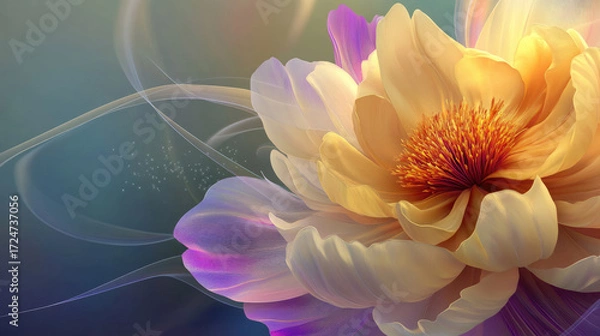 Fototapeta A blooming light yellow peony flower has a realistic and surreal feeling. The petals have rich levels of detail and obvious detailed textures, which are visually impactful. It is rendered in Cinema 4D