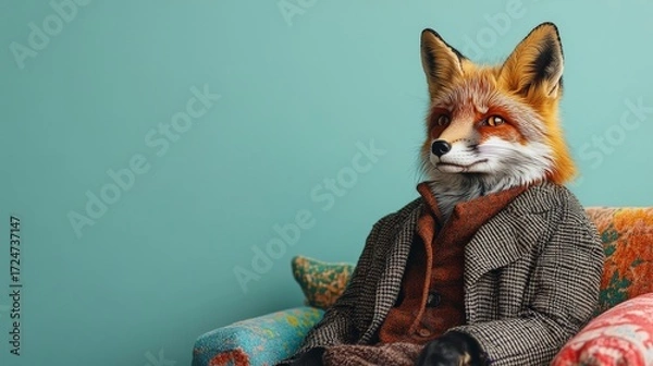 Fototapeta Anthropomorphic fox in tweed jacket sitting on chair against teal background stock photo image picture
