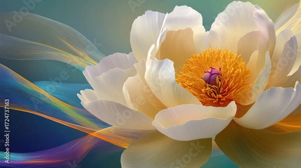 Fototapeta A blooming light yellow peony flower has a realistic and surreal feeling. The petals have rich levels of detail and obvious detailed textures, which are visually impactful. It is rendered in Cinema 4D
