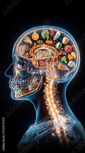 Fototapeta Healthy lifestyle illustration - Visualizing Nutrition: Foods Impact on Brain and Nervous System - modern wellness concept