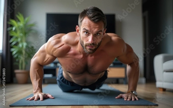 Fototapeta Man doing pushups at home while watching online fitness training. High quality