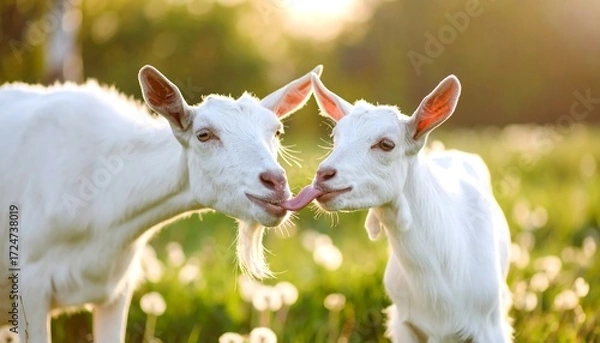 Fototapeta Two white goats sharing a kiss in a field