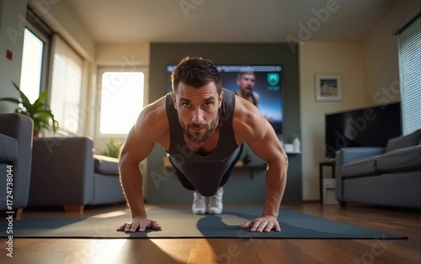 Fototapeta Man doing pushups at home while watching online fitness training. High quality