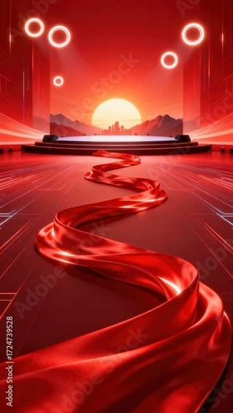 Fototapeta Festive red background with flowing ribbons, mountains, sun and stage platform for product display. Creative abstract commercial design for Chinese New Year celebration and national holiday marketing 