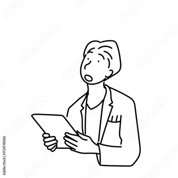 Fototapeta 驚いた表情でタブレットを持つ白衣の男性をシンプルな線画で描いたイラスト｜医療や教育資料、デジタル診療やヘルスケア関連デザインに適したユーモラスなベクター素材