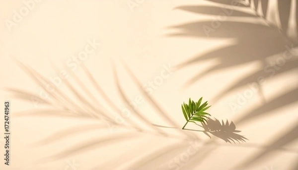 Fototapeta Light beige background with palm leaf shadows and a small green plant