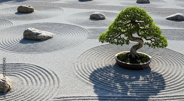 Fototapeta Serene Zen Garden with Bonsai Tree and Intricate Sand Patterns