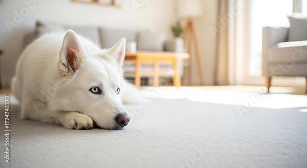 Fototapeta Serene White Husky with Piercing Blue Eyes Resting on a Plush Carpet