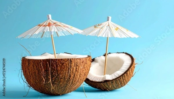Obraz Two halved coconuts, adorned with paper umbrellas, on a light blue background