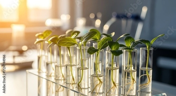 Fototapeta Seedlings in test tubes with roots, illuminated by sunlight in a laboratory setting
