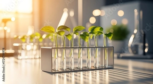 Fototapeta Seedlings in test tubes under bright light, a symbol of scientific research and growth
