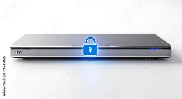 Fototapeta Secure ISG Device with Blue Padlock Icon on White Background