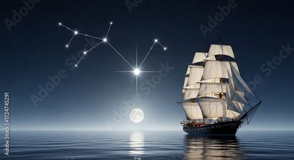 Fototapeta Sailing ship under starry night sky with constellation and full moon reflection