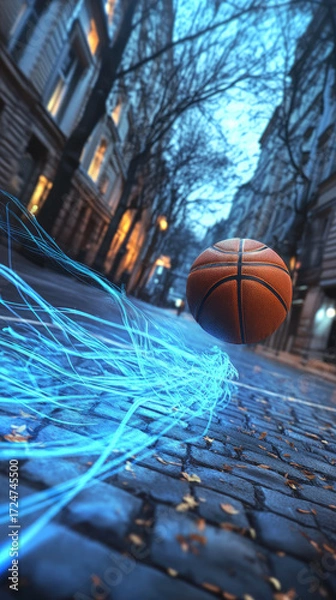 Fototapeta Dynamic basketball flying low angle action shot with blue light trails sports event motion achievement abstract commercial background blurred stadium cheering fans for poster design and digital market