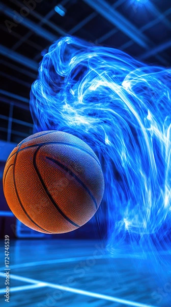 Fototapeta Dynamic basketball flying low angle action shot with blue light trails sports event motion achievement abstract commercial background blurred stadium cheering fans for poster design and digital market