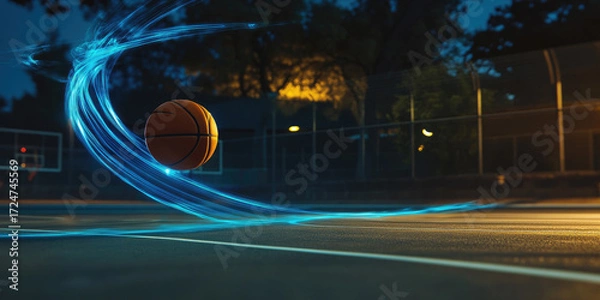 Fototapeta Dynamic basketball flying low angle action shot with blue light trails sports event motion achievement abstract commercial background blurred stadium cheering fans for poster design and digital market
