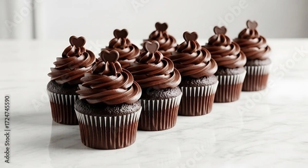 Fototapeta Row of Decadent Chocolate Cupcakes with Heart Toppers on Marble Surface