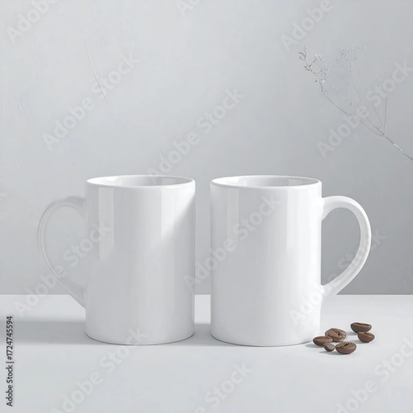 Fototapeta Two white mugs on a light background