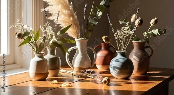 Fototapeta Rustic Floral Arrangement in Sunlight: Vases with Dried Flowers on Wooden Table