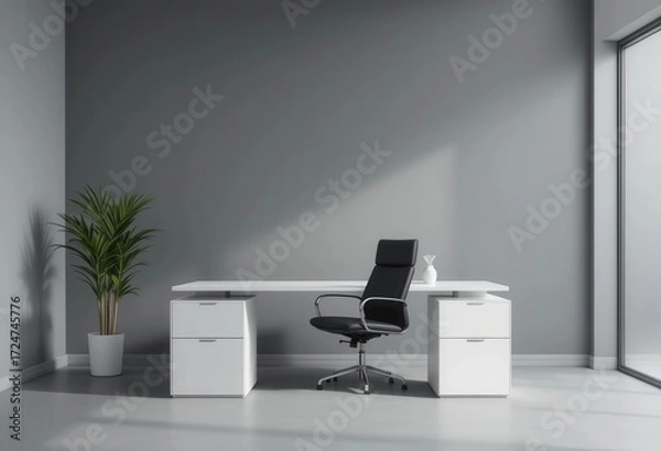 Fototapeta Serene   Professional Empty Office  Isolated View of Sleek Desk with Black Leather Armchair, Gradient Grey Background