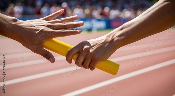 Fototapeta Relay race baton exchange with water droplets on a sunlit track