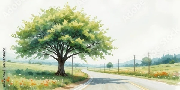 Fototapeta Impressionistic Green Tree Along the Roadside  A Fluid and Expressive Landscape Painting