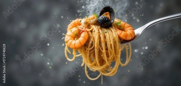 Fototapeta Realistic linguine pasta with seafood on a fork.  Prawns, mussels, clams, isolated on white background.