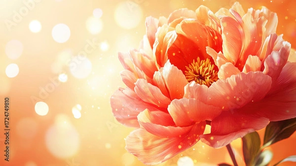 Fototapeta Blooming warm-toned peony flower with rich detailed petals and textures creating visual impact on light orange gradient background with ethereal laser beam blur effects for poster design.