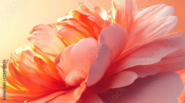 Fototapeta Blooming warm-toned peony flower with rich detailed petals and textures creating visual impact on light orange gradient background with ethereal laser beam blur effects for poster design.
