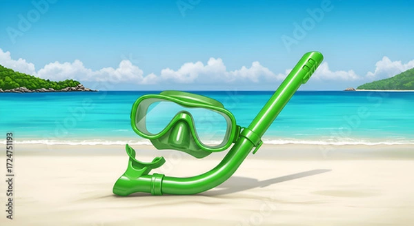 Fototapeta Green snorkel mask and tube on tropical beach scene. Tourist resting equipment on sandy beach with turquoise water and lush scenery.