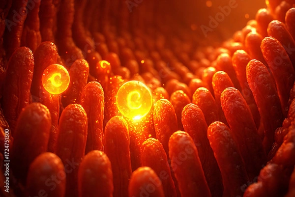 Fototapeta Bright orange vitamin C molecules are being absorbed into intestinal cells, creating a glowing, energizing effect.