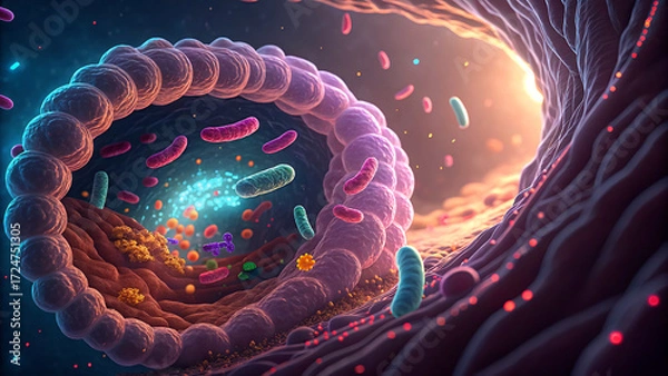 Fototapeta The gut wall is like a city of the future, with glowing bacteria serving as buildings. A stream of high-speed vitamin molecules flows through the city like a digital expressway, 