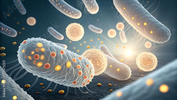 Fototapeta Bright orange vitamin C molecules are being absorbed into intestinal cells, creating a glowing, energizing effect.