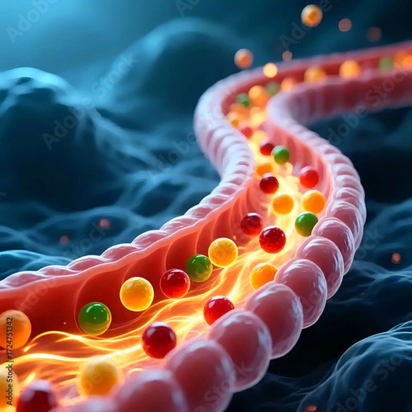 Fototapeta A microscopic view of the gut cells absorbing nutrients, small fluorescent molecules of vitamins and energy flowing into the cells, creating a sense of dynamic movement and flow.