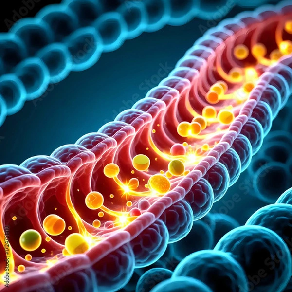 Fototapeta A microscopic view of the gut cells absorbing nutrients, small fluorescent molecules of vitamins and energy flowing into the cells, creating a sense of dynamic movement and flow.