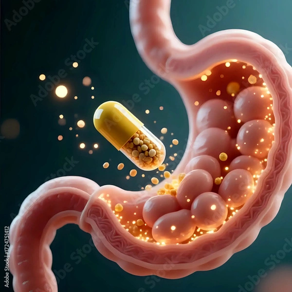 Fototapeta vitamin capsule dissolving inside the stomach and its contents being released into the small intestine. The process is shown with mesmerizing clarity, 