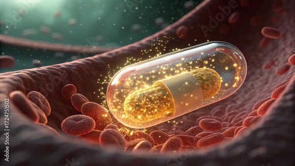 Fototapeta A microscopic view of the gut cells absorbing nutrients, small fluorescent molecules of vitamins and energy flowing into the cells, creating a sense of dynamic movement and flow.