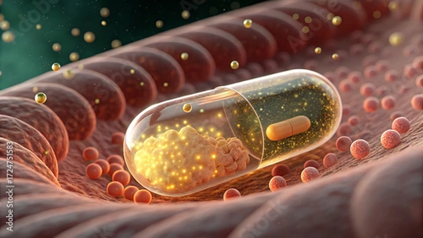 Fototapeta Bright orange vitamin C molecules are being absorbed into intestinal cells, creating a glowing, energizing effect.