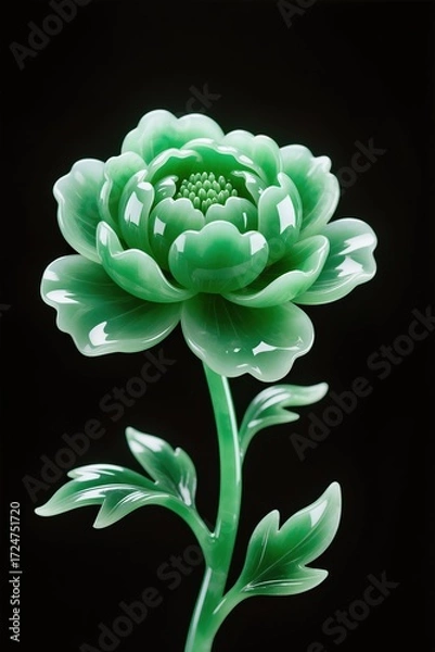 Fototapeta A surreal, simple 3d artwork of Peony bloom in polished jade sculpture style, elegant luxury, black background