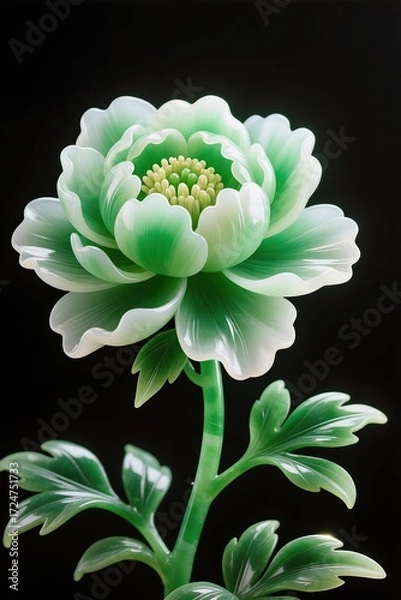 Fototapeta A surreal, simple 3d artwork of Peony bloom in polished jade sculpture style, elegant luxury, black background