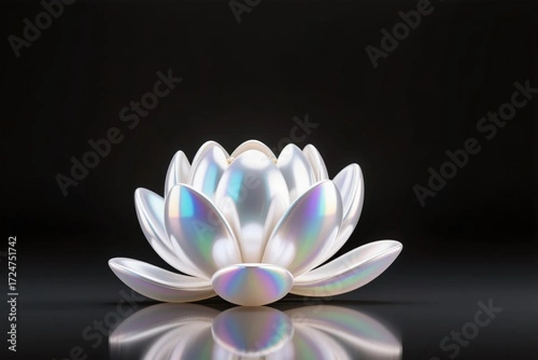 Fototapeta A Lotus flower sculpted from pearl with iridescent glow, luxury render, black background