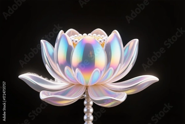 Fototapeta A Lotus flower sculpted from pearl with iridescent glow, luxury render, black background