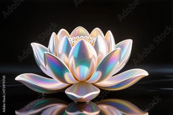 Fototapeta A Lotus flower sculpted from pearl with iridescent glow, luxury render, black background