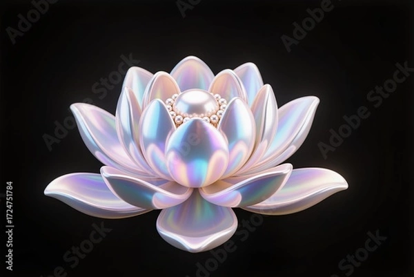 Fototapeta A Lotus flower sculpted from pearl with iridescent glow, luxury render, black background