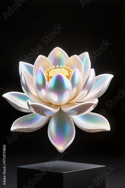 Fototapeta A Lotus flower sculpted from pearl with iridescent glow, luxury render, black background
