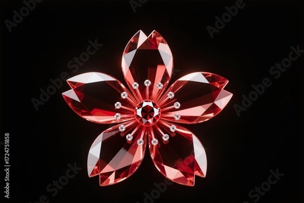 Fototapeta A surreal, simple 3d artwork of Cherry blossom glowing ruby gemstone petals, black background